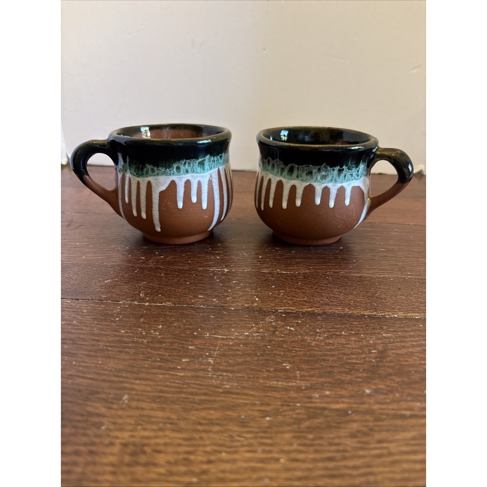 Red Clay Terracotta Green White Drip Glaze Mug Hand Thrown Mexican Pottery Set 2